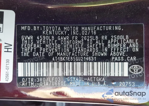 2016 Toyota Avalon Xle Premium из США, поврежденный, VIN 4T1BK1EB5GU214631